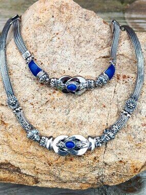 VTG SIGNED STERLING LAPIS LION HEAD BRACELET/NECKLACE